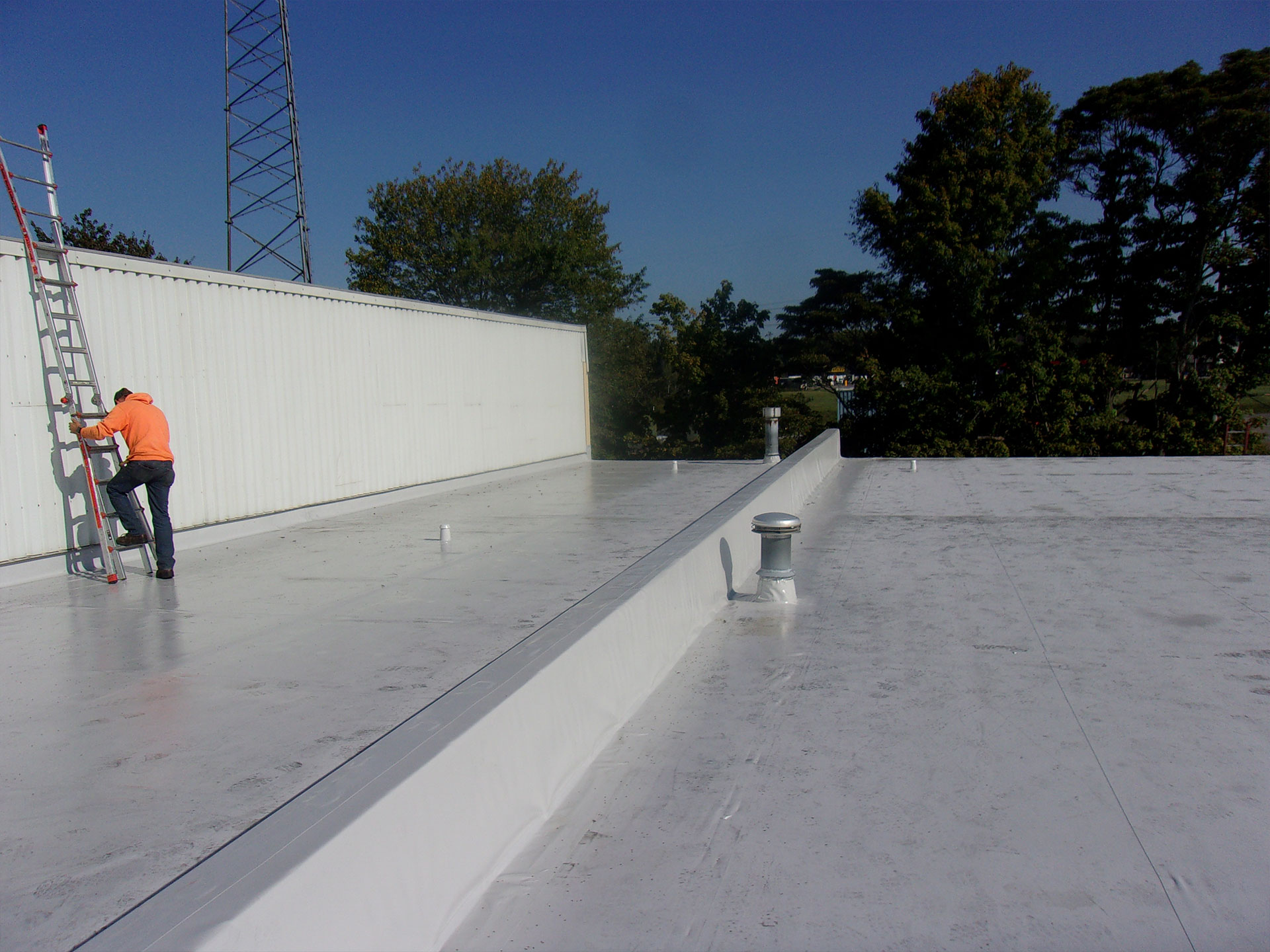 a man climbing a ladder on a commercial roof