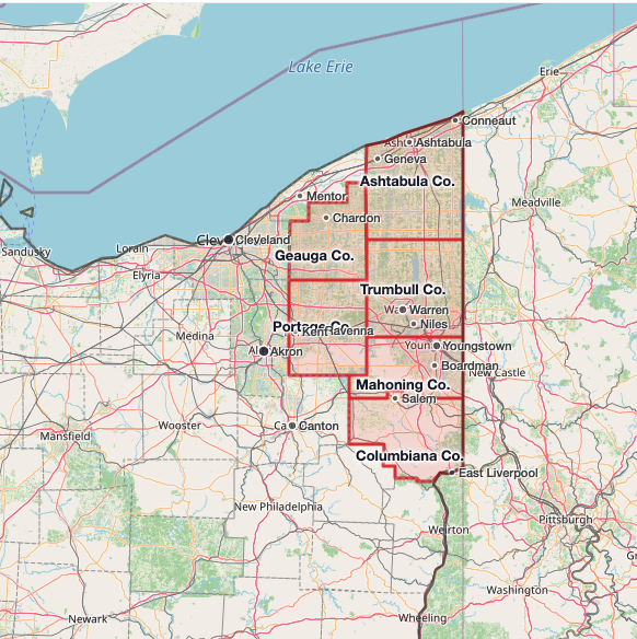 map of ashtubula county, geuaga county, portage county, trumbull county, mahoning county, and columbina county in Northeast Ohio