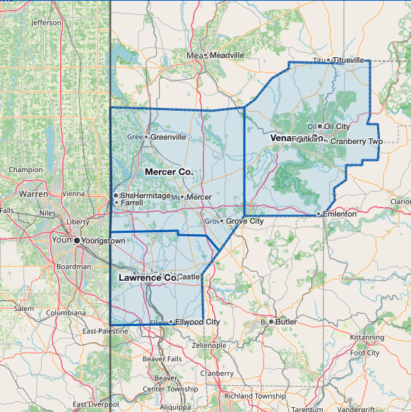 map of mercer county and lawrence county in western PA